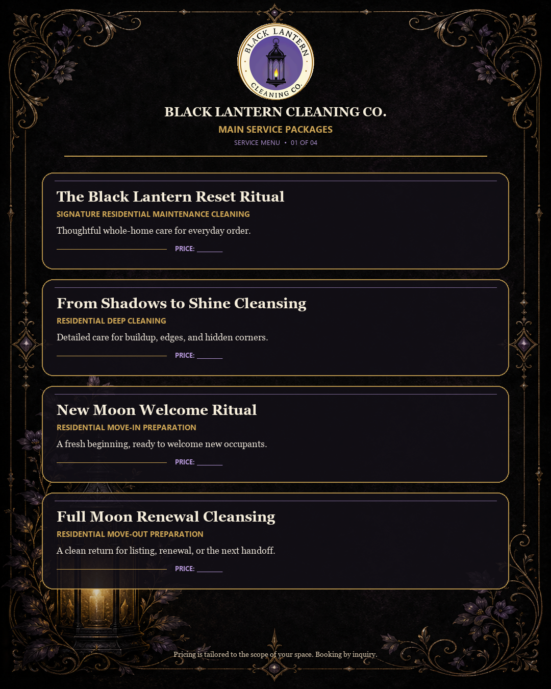 Black Lantern Cleaning Co. service menu page one showing main service packages including Reset Ritual, From Shadows to Shine, New Moon Welcome, and Full Moon Renewal.