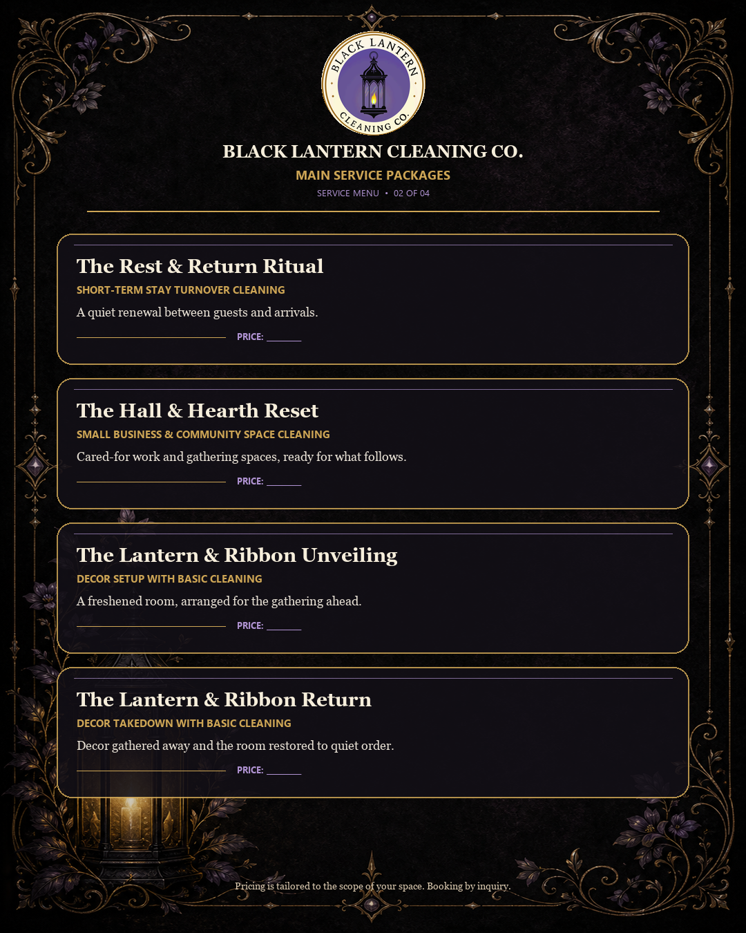 Black Lantern Cleaning Co. service menu page two showing Rest and Return, Hall and Hearth, Lantern and Ribbon Unveiling, and Lantern and Ribbon Return.