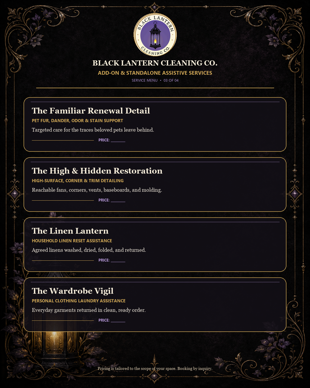 Black Lantern Cleaning Co. service menu page three showing add-on and standalone assistive services including Familiar Renewal Detail, High and Hidden Restoration, Linen Lantern, and Wardrobe Vigil.