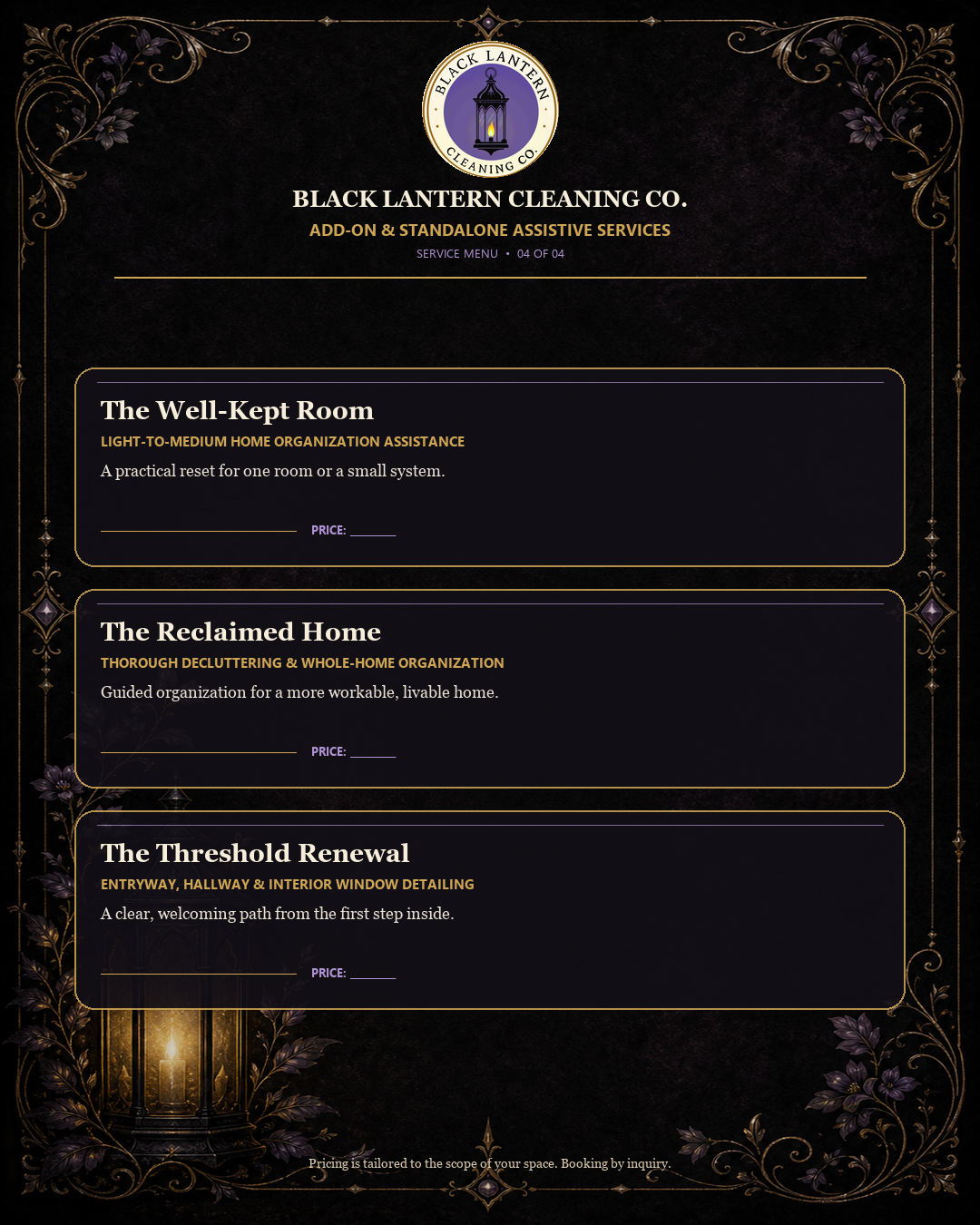 Black Lantern Cleaning Co. service menu page four showing refreshed add-on and standalone service menu details.